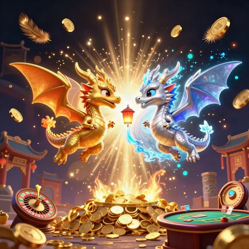 Twin gold and silver dragons burst amid coins, fireworks, and casino game props.