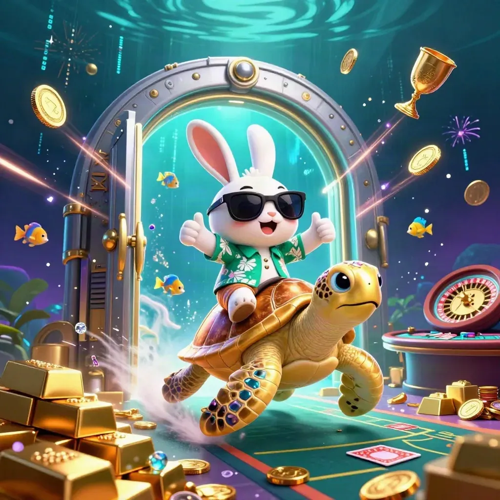 Lucky rabbit on a golden sea turtle amid vault gold, coins, roulette and electric underwater glow.