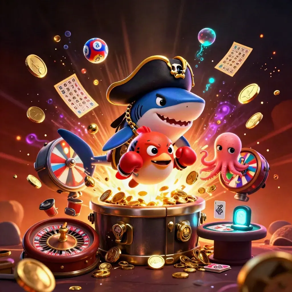 Pirate shark, pufferfish, and octopus amid coins, roulette wheel, and casino glow
