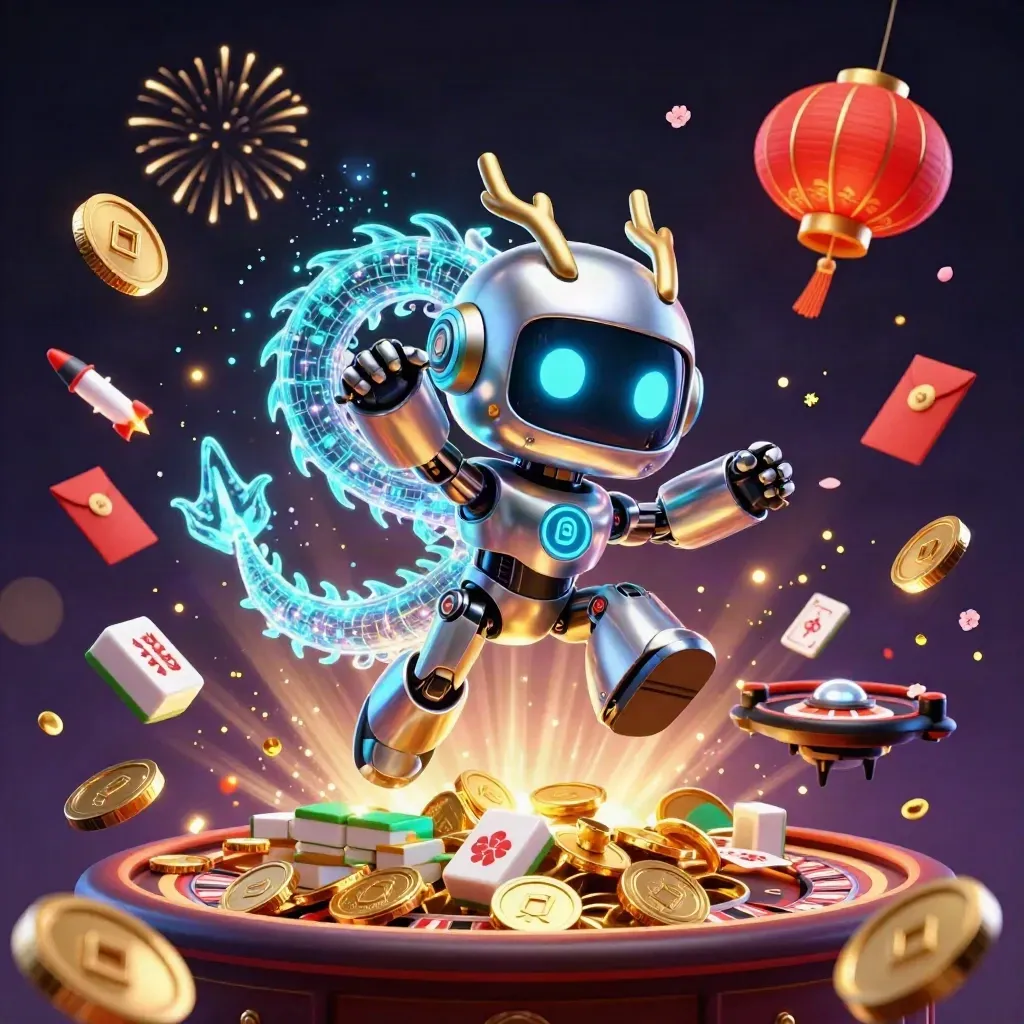Cyberpunk robot, holographic dragon, and drone burst amid coins, fireworks, and casino props.