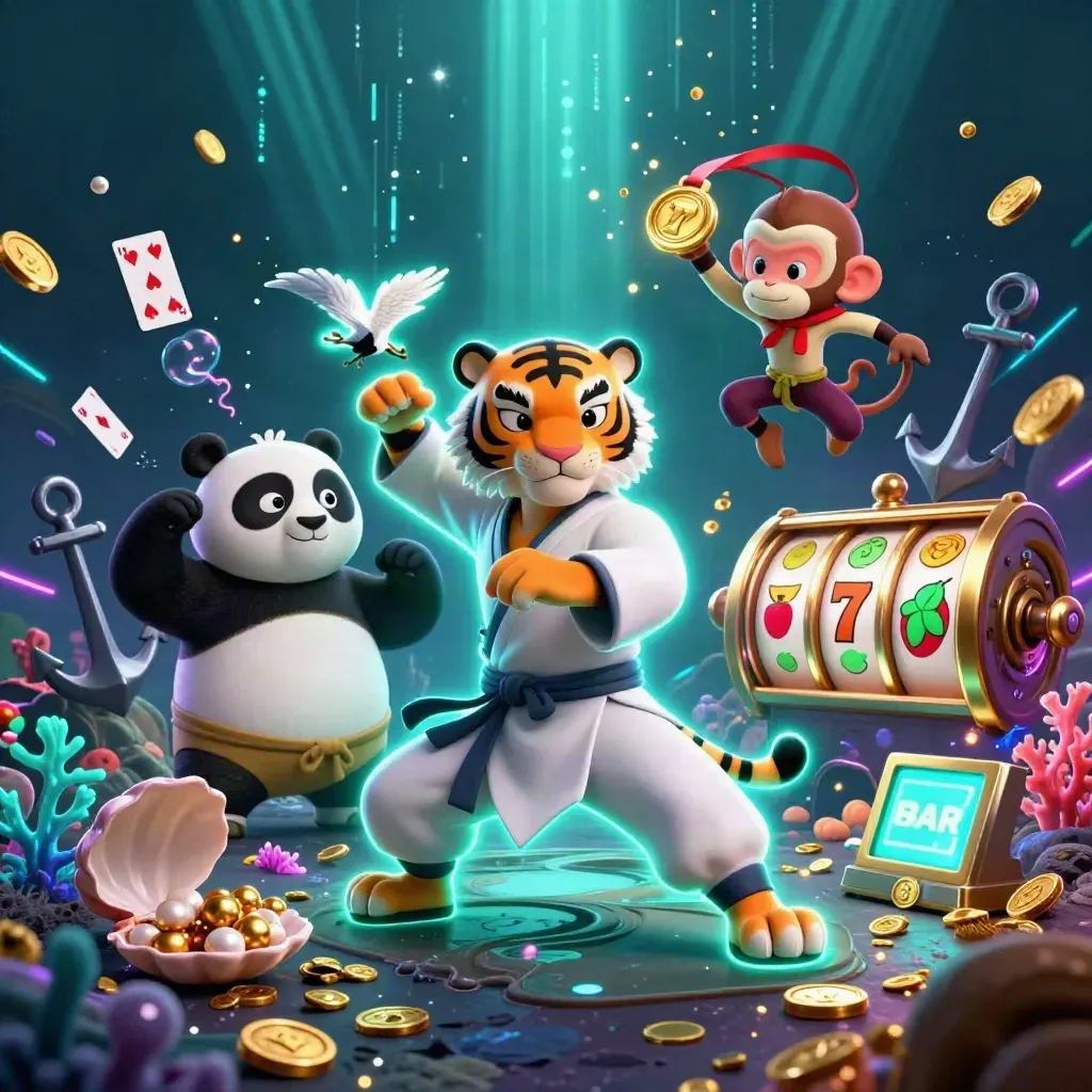 Tiger, panda, and monkey in an underwater casino treasure cove with neon game effects.