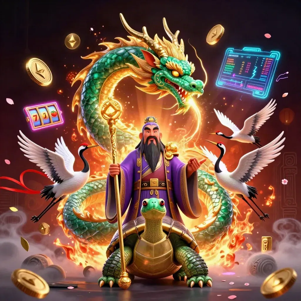 Jade dragon, turtle sage, and cranes amid casino symbols, neon coins, and fiery magical effects
