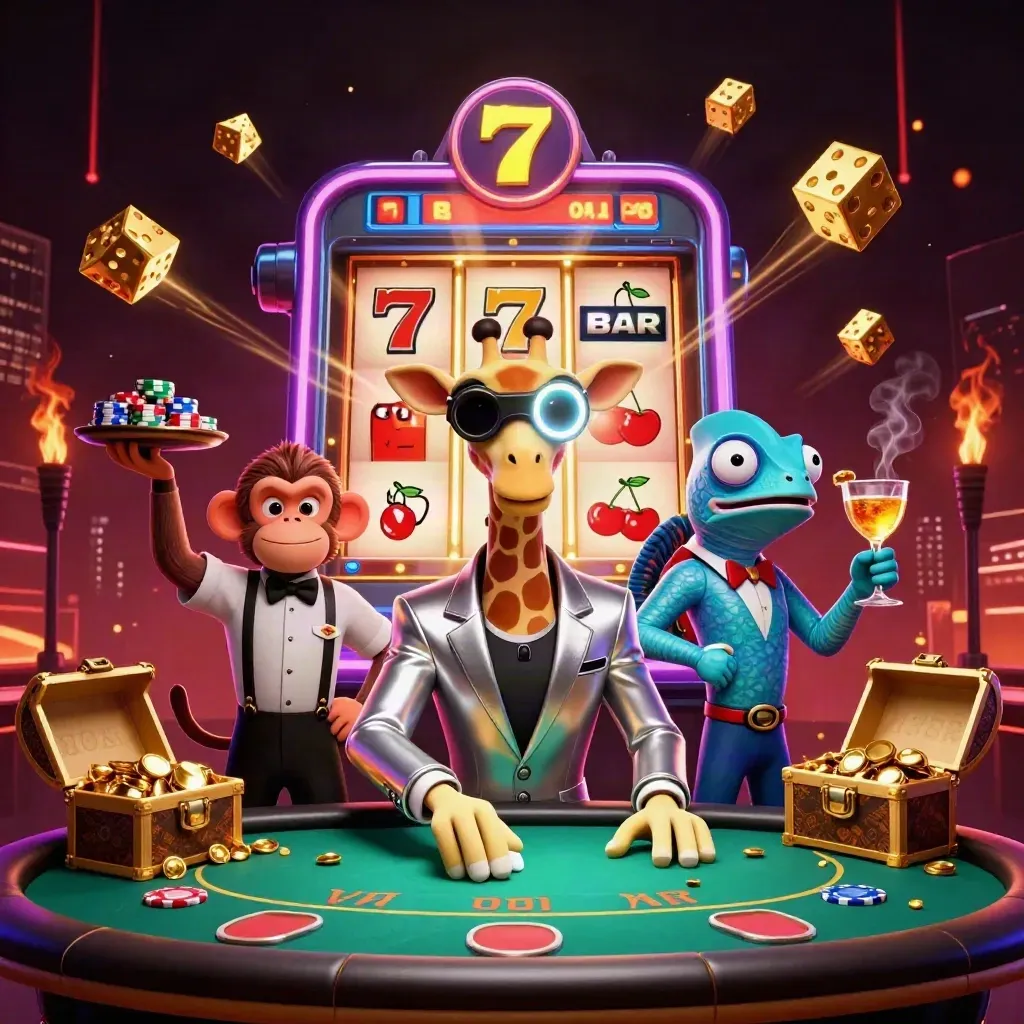 Cartoon giraffe, monkey valet, and chameleon bartender amid slot bursts and gold in a dark casino scene.
