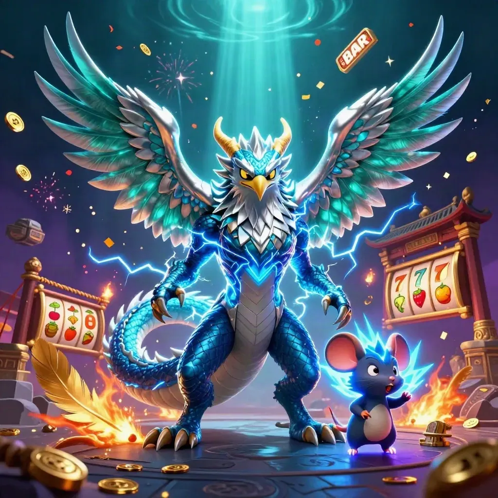 Thunder dragon, wind hawk, and static mouse amid casino relics, lightning, and teal undersea glow.