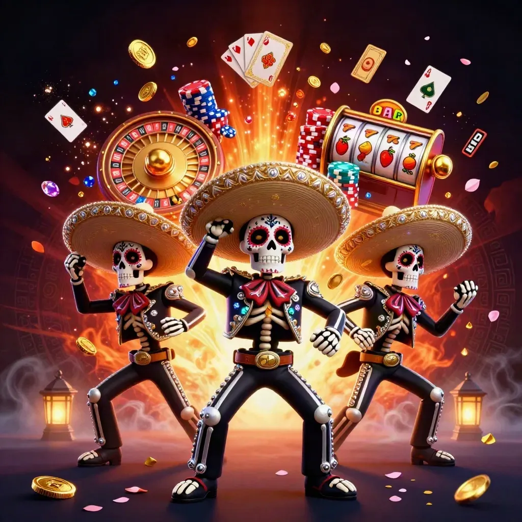 Skeleton mariachi trio with coins, roulette wheel, chips, cards, and neon casino glow