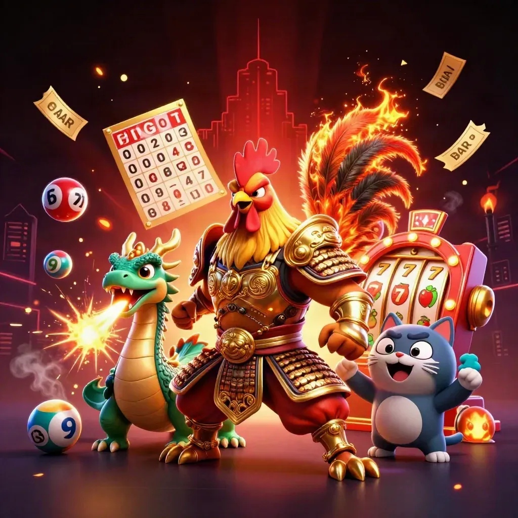 Rooster samurai, spark-breathing dragon hatchling, and fortune cat amid casino reels and neon sparks.