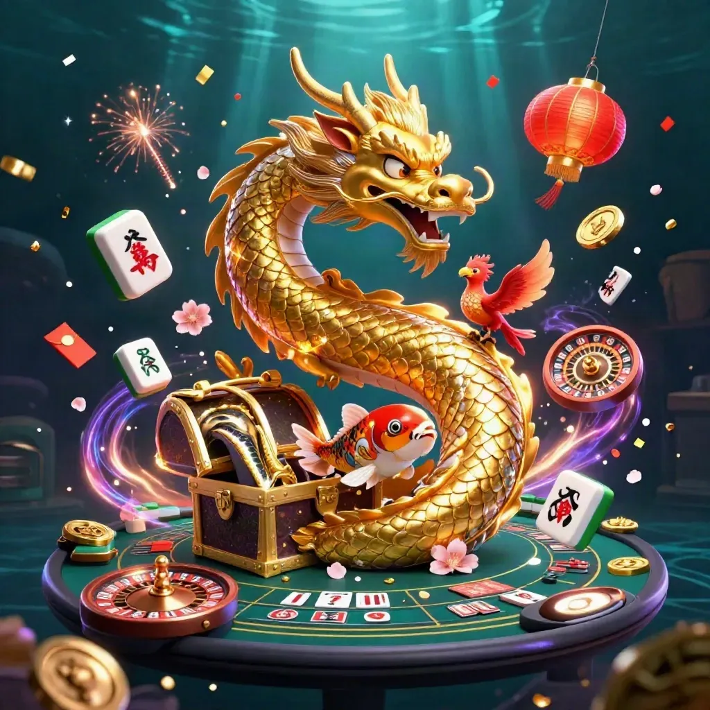Golden dragon, phoenix, and koi with casino symbols in a neon underwater glow