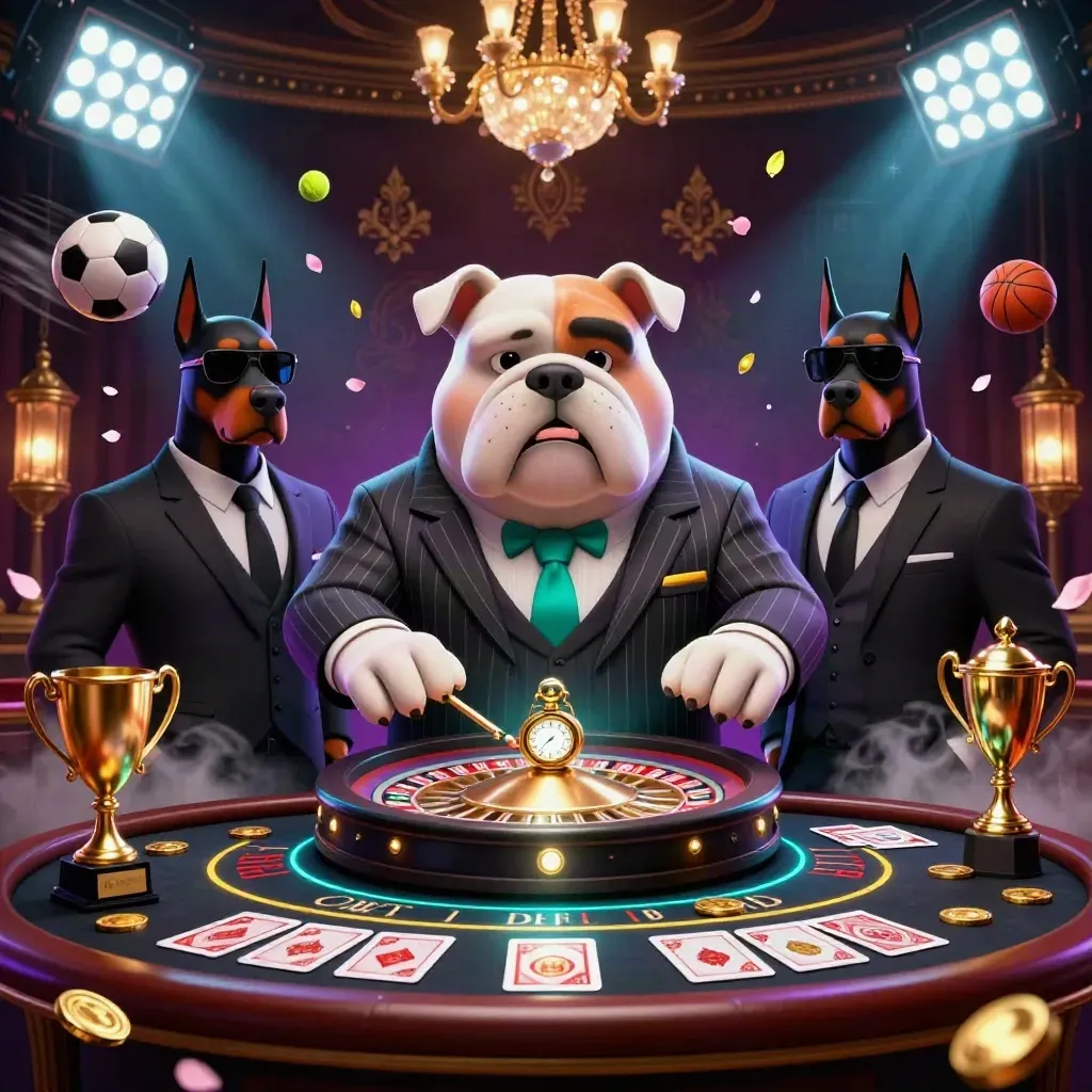 Bulldog boss with two Dobermans amid casino luck, coins, and glowing sports props
