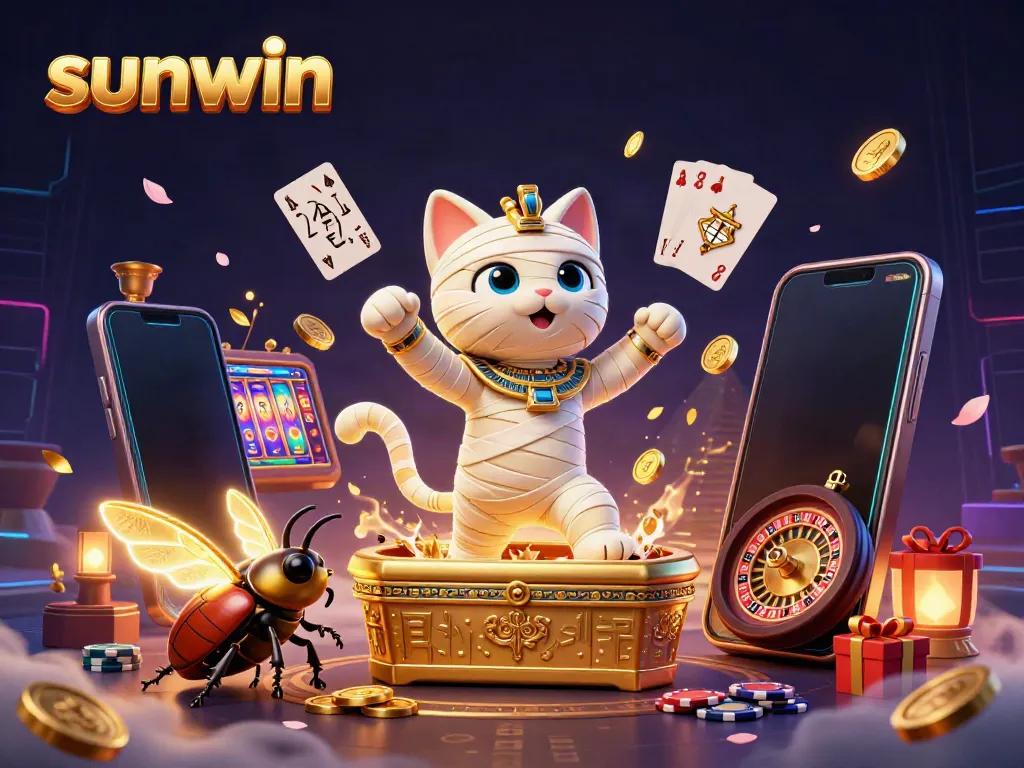 Experience gaming excitement with Sunwin's vibrant Egyptian-themed casino artwork featuring a mummy cat and glowing scarab.