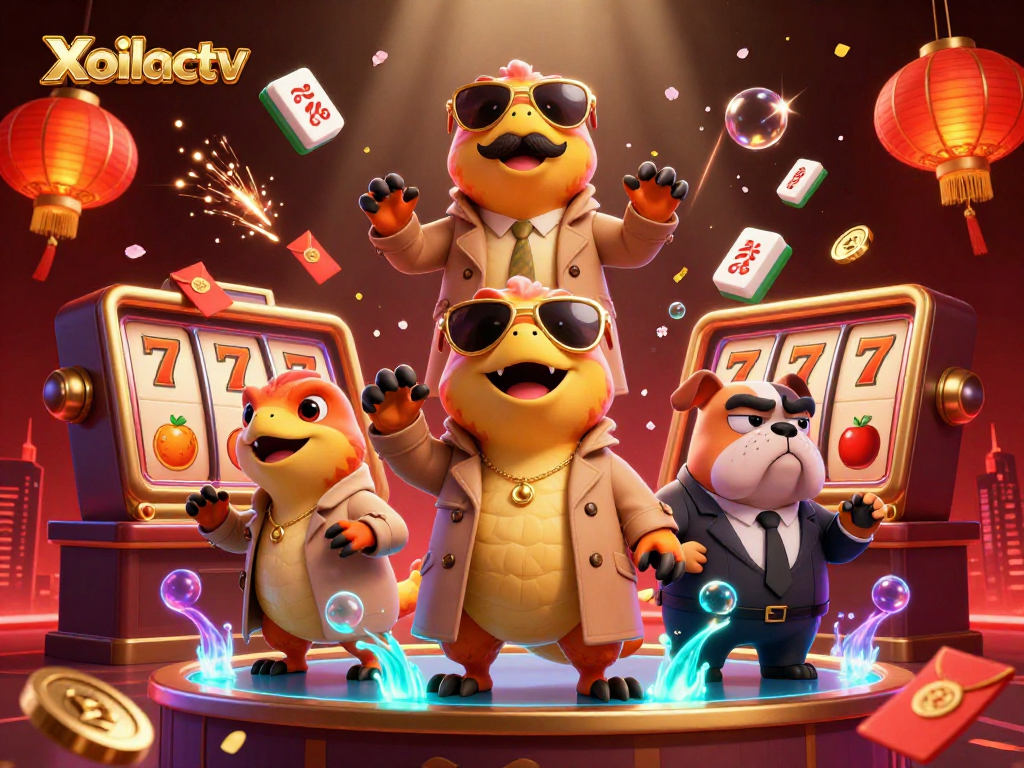 Xoilactv raptors in trench coat trying to enter a VIP casino surrounded by dynamic game elements.