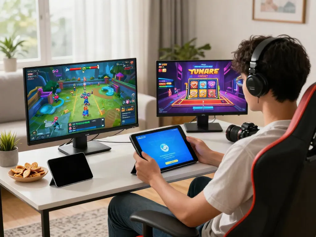 Player enjoying Yono Games on a tablet in a cozy living room, vibrant game lobby displayed, snacks on the table.