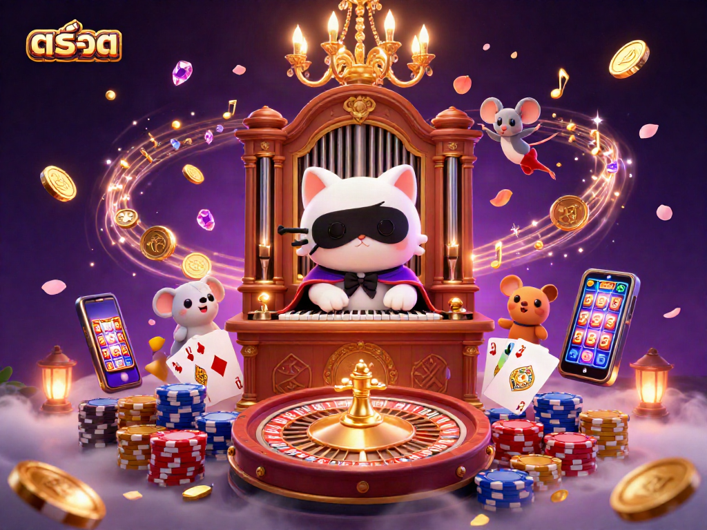 Experience the excitement of สล็อต with a whimsical casino scene filled with dynamic characters and vibrant elements.