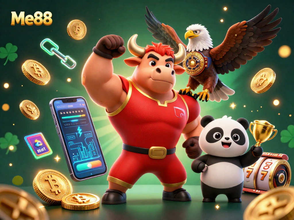 Win big with Me88 at the casino, featuring trophy-winning mascots and vibrant gaming elements.
