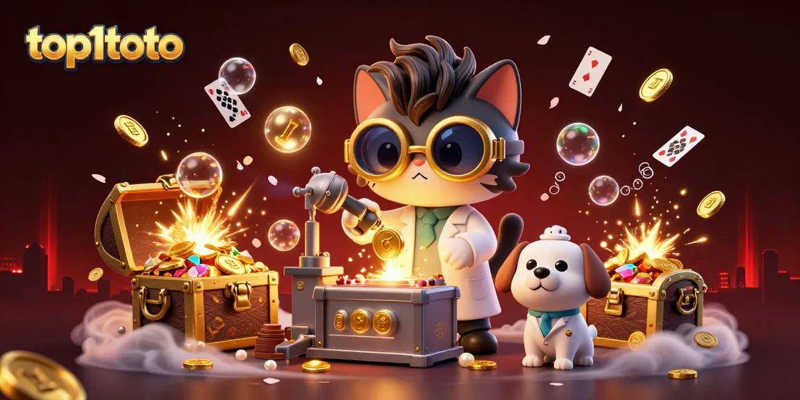 Engage with top1toto's thrilling slots experience featuring a mad scientist cat and his dog assistant amidst a treasure explosion.