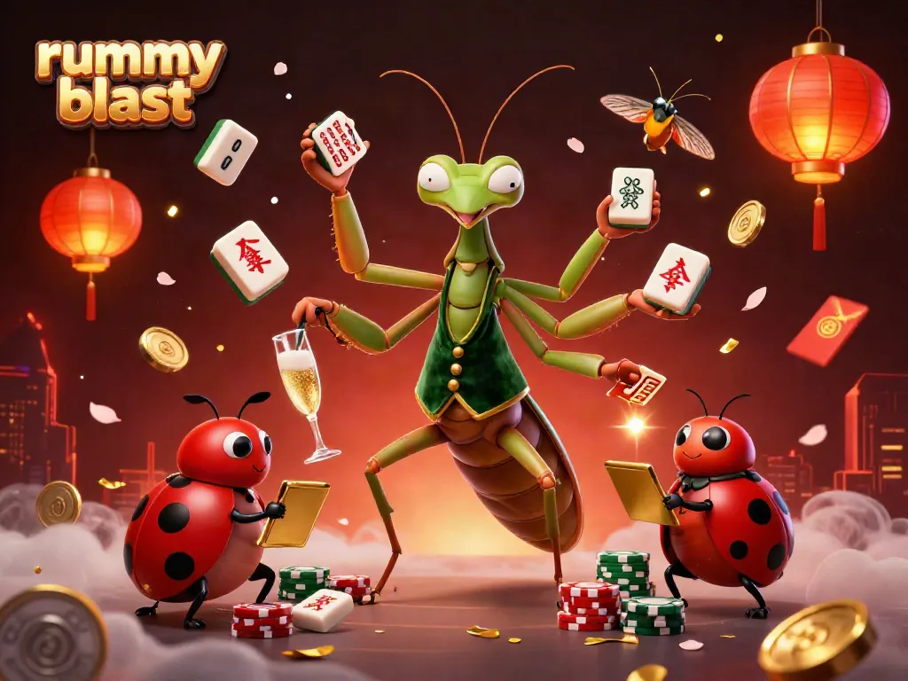 Experience thrilling gameplay with Rummy Blast, featuring engaging characters and casino elements in a dynamic scene.