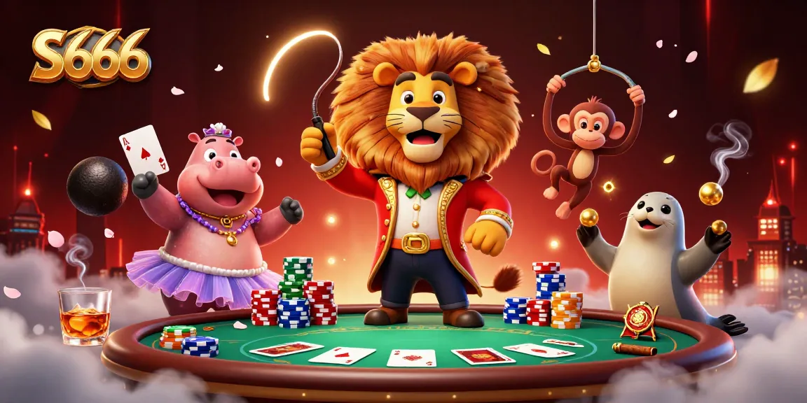 S666 casino scene with animated circus characters and poker elements creating a vibrant online gambling atmosphere.