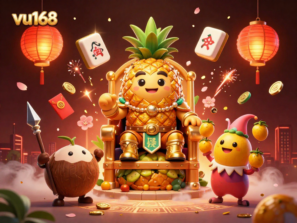 Experience thrilling gaming with vu168 in this vibrant, detailed casino scene featuring the pineapple king and festive elements.