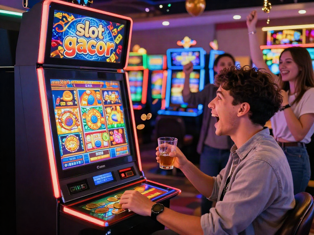 Excited player celebrating a win at a colorful slot gacor machine in a lively casino environment.