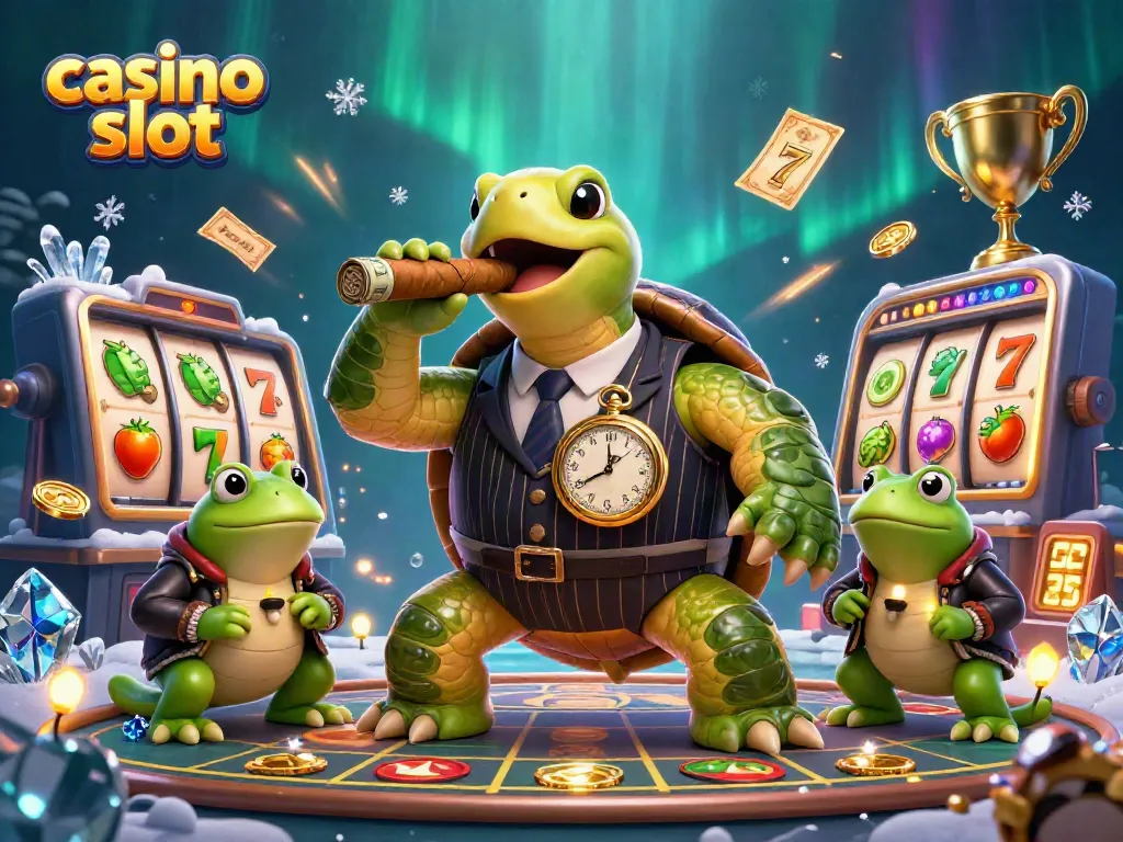 Explore the vibrant casino slot scene featuring a turtle mobster and bullfrogs amidst dynamic gaming elements.