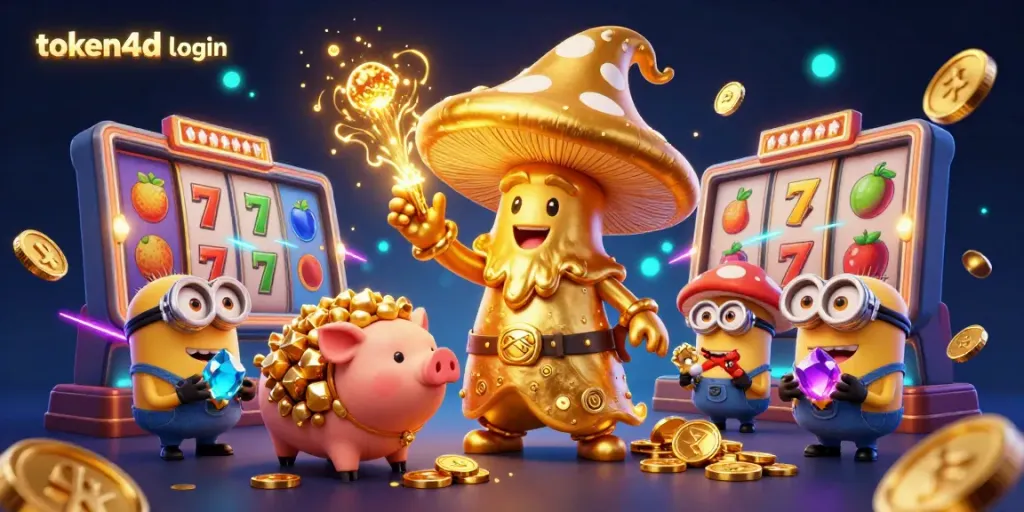 Gambar menggambarkan suasana kasino yang megah dengan karakter si penyihir jamur emas dalam tema token4d login.