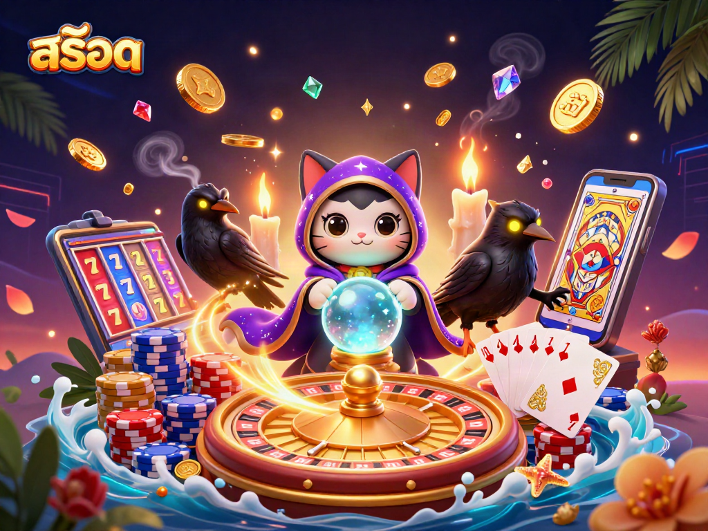 Experience exciting สล็อต adventures with a mystical cat and raven amid flying coins and lights.