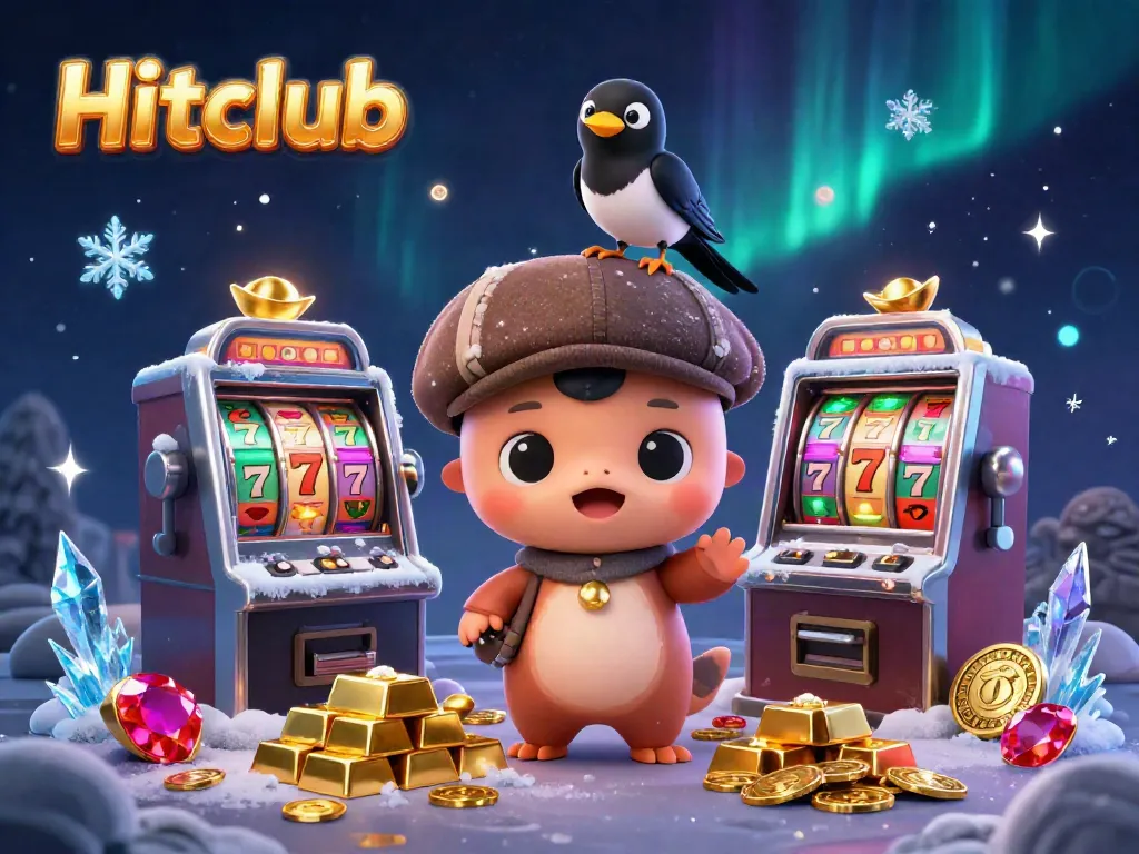 Hitclub's vibrant casino scene with baby Nessie and gold treasures surrounded by colorful slot reels.