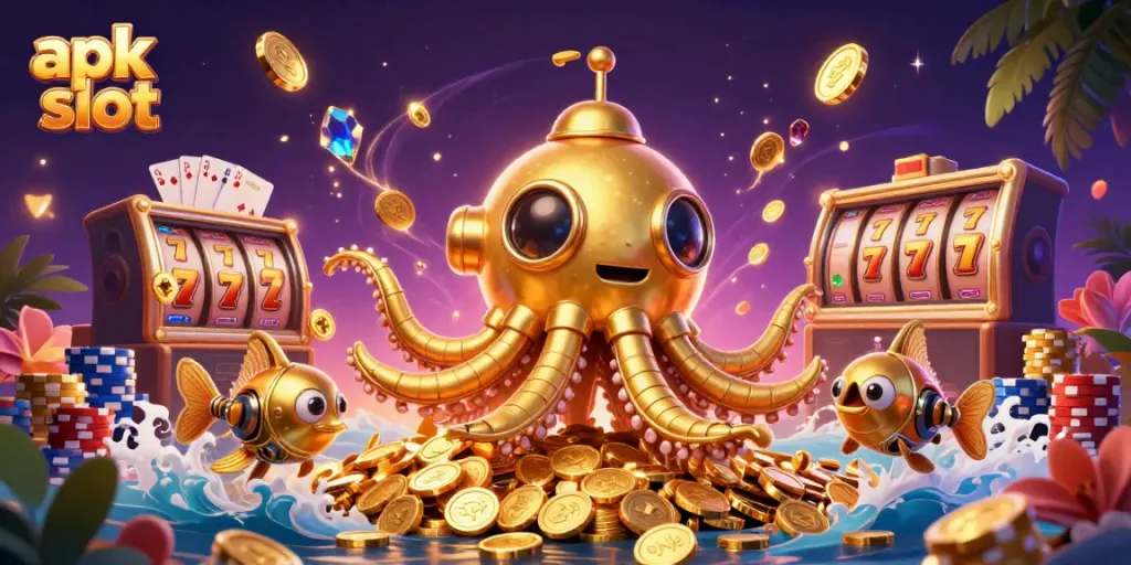 Permainan apk slot dengan makhluk laut di lautan koin emas yang berkilau.