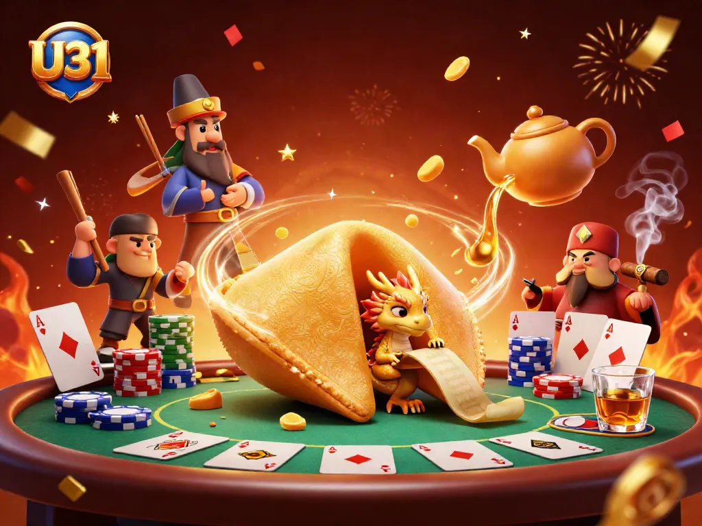 Immerse in U31's gaming experience with a vibrant 3D casino scene showcasing fortune and fortune cookies.
