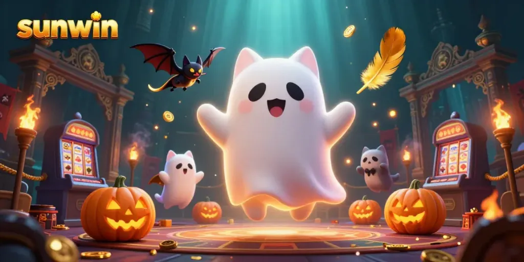 Experience thrilling gaming with sunwin's ghost cat and vampire bat in an enchanting casino scene.