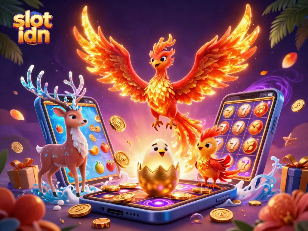 Experience thrilling gameplay with slot idn as vibrant characters and games come alive in a dynamic illustration.