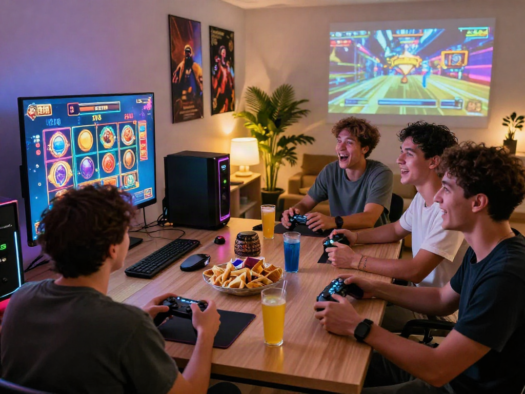 Friends enjoying exciting slot112 gaming night in a vibrant living room.