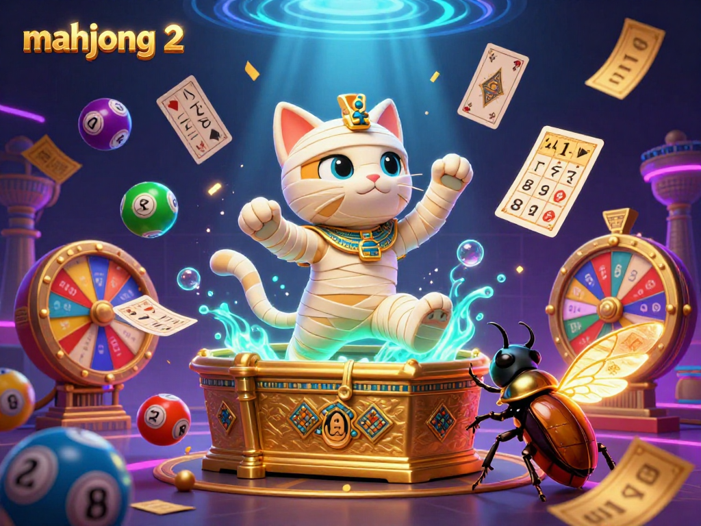 Engage with mahjong 2 in this vibrant casino scene showcasing an Egyptian mummy cat and a scarab beetle.
