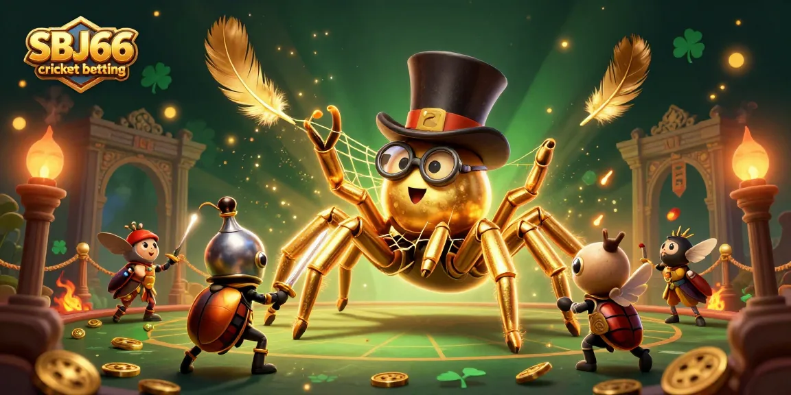 Engage with SBJ66 cricket betting in a lively casino scene featuring a golden tarantula and dynamic game symbols.