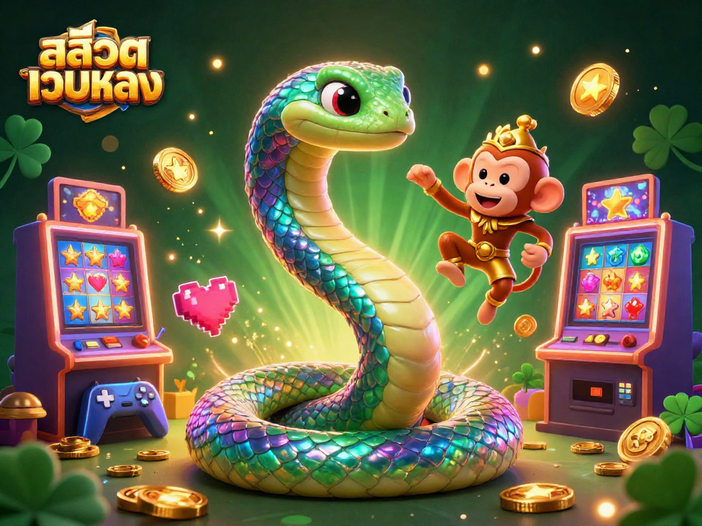 Engage with สล็อตเว็บตรง in this vibrant 3D illustration featuring a colorful rainbow serpent and gaming elements.