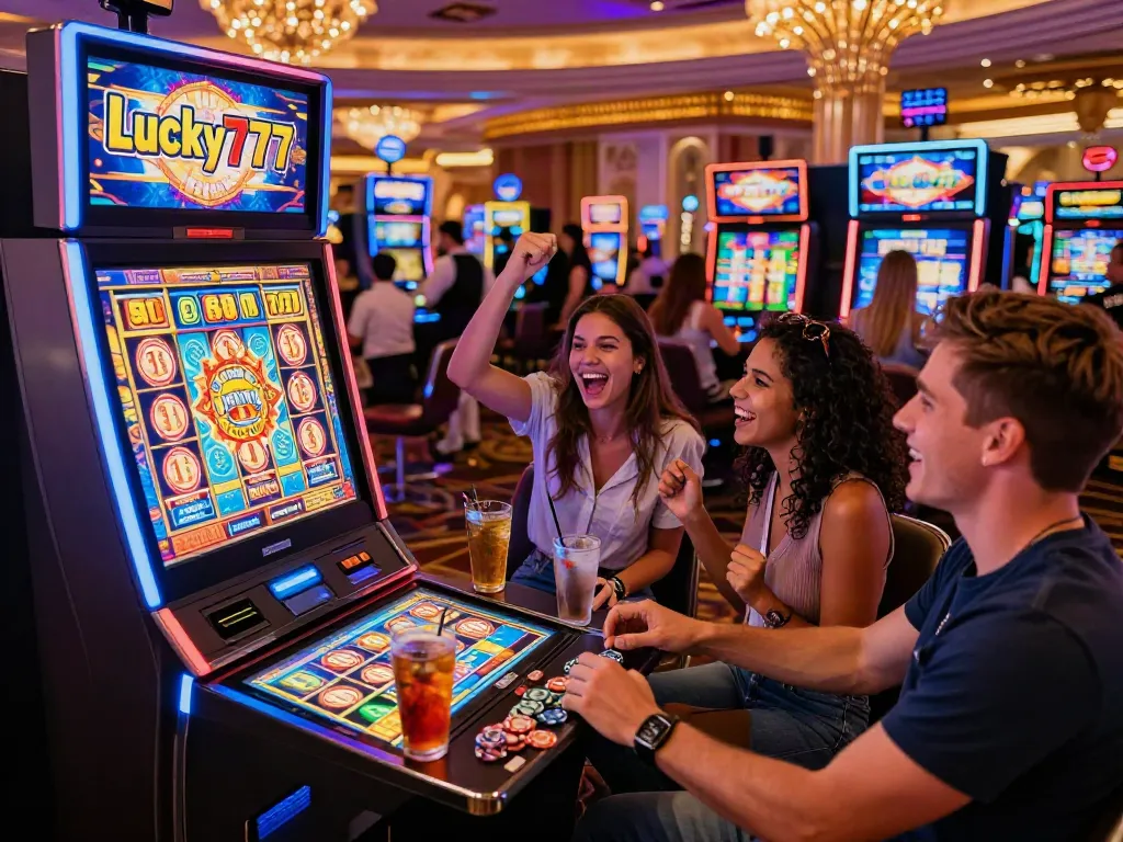 Group celebrating a jackpot at the Lucky777 slot machine in a vibrant casino.
