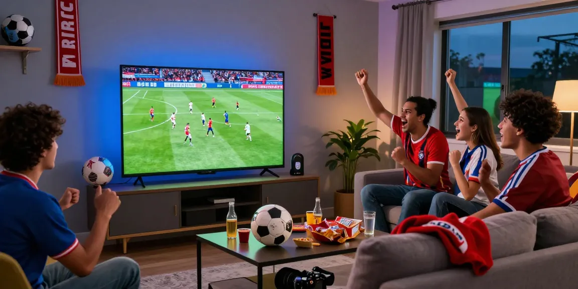 A sports fan enjoying live matches on موقع IHD Sports with friends, surrounded by team memorabilia and snacks.