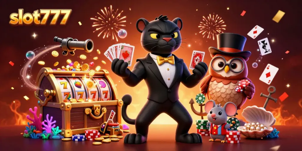 Engage in exciting gameplay with slot777 featuring a stylish black panther dealer in a vibrant casino scene.