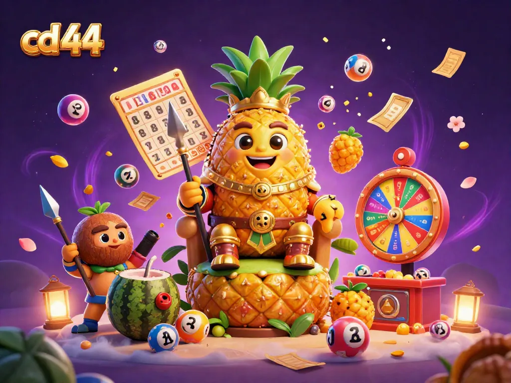 Engaging casino scene featuring cd 44 with a golden pineapple king and dynamic lottery elements.