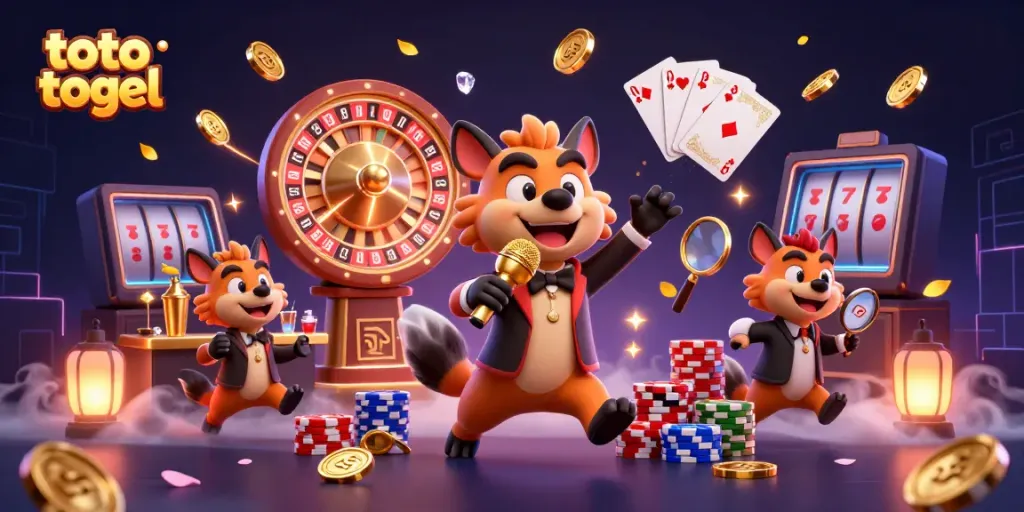 Create an engaging scene with 'toto togel', showcasing hyenas performing in a vibrant casino atmosphere filled with coins and cards.