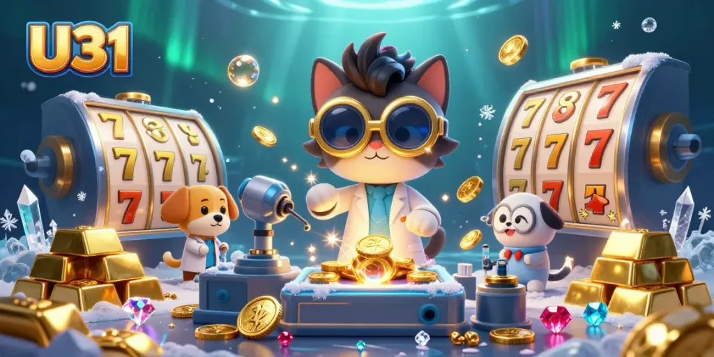 Play slots with U31 as a mad scientist cat creates gold coins amidst sparkling treasures.