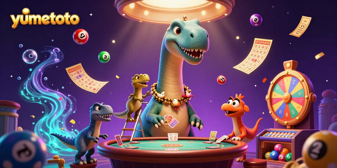 Play lottery games excitingly with yumetoto as a dinosaur deals cards in a vibrant casino.