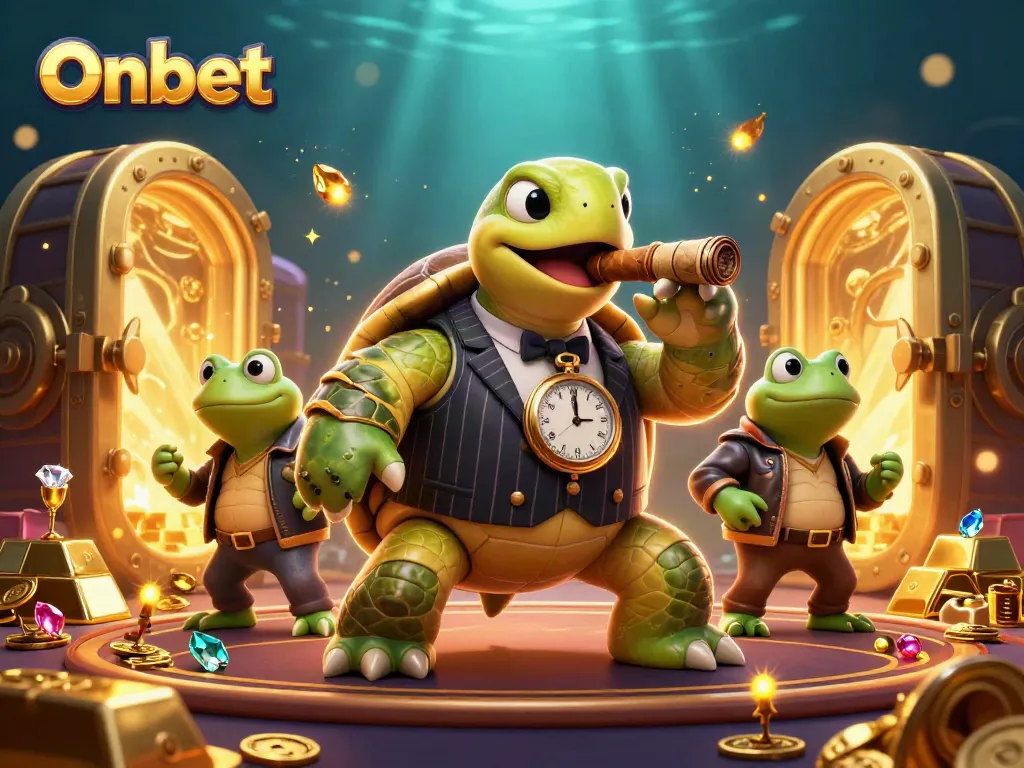 Experience high-stakes excitement at Onbet with a lively casino scene featuring animated characters and vibrant treasures.
