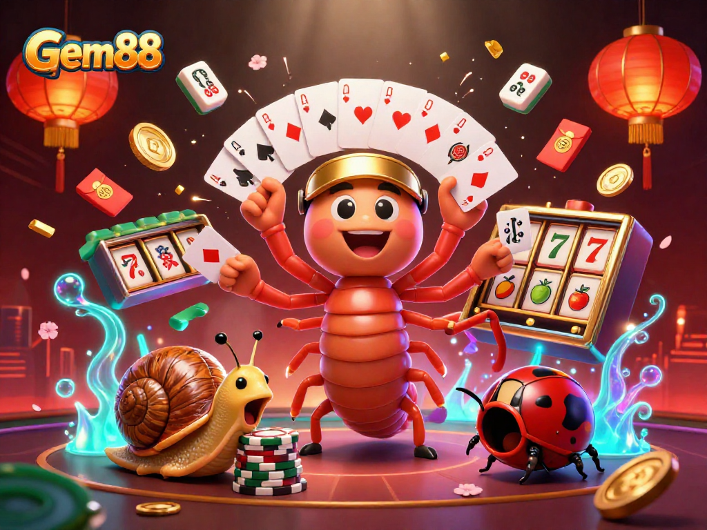 Gem88's 3D cartoon dealer and high-roller create excitement in a vibrant casino scene.
