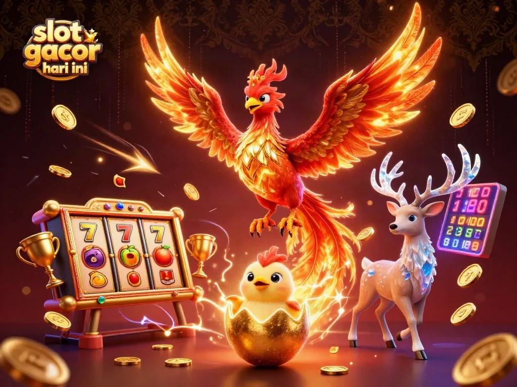 Visualisasi slot gacor hari ini dengan elemen menarik seperti phoenix, jackpot, dan koin emas.