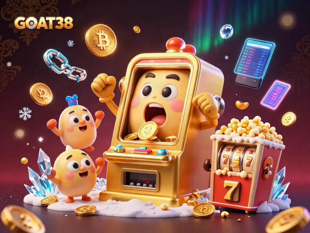 GOAT38 slot machine celebration with gold coins pouring and cheering characters in a vibrant casino scene.