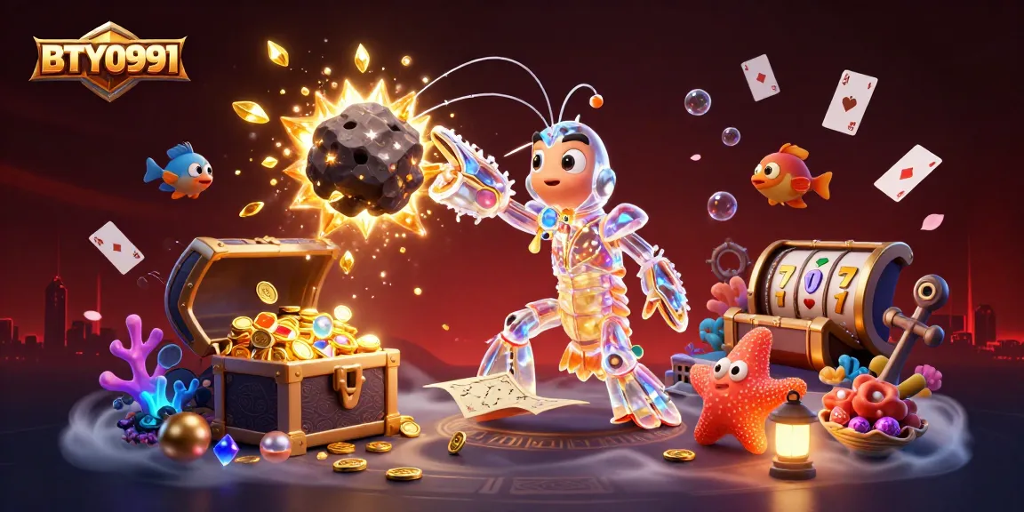 BTY0991 showcases a galactic samurai mantis shrimp amidst slot symbols in a casino scene.