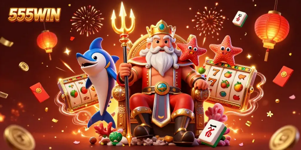 Experience thrilling slot action with 555WIN, as sea king Neptune and friends celebrate big wins!