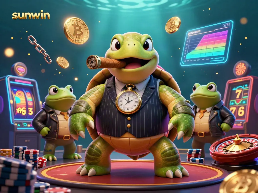 Experience Sunwin's thrilling casino atmosphere with a vibrant scene featuring a mobster turtle and frog enforcers, enriched with crypto overlays.