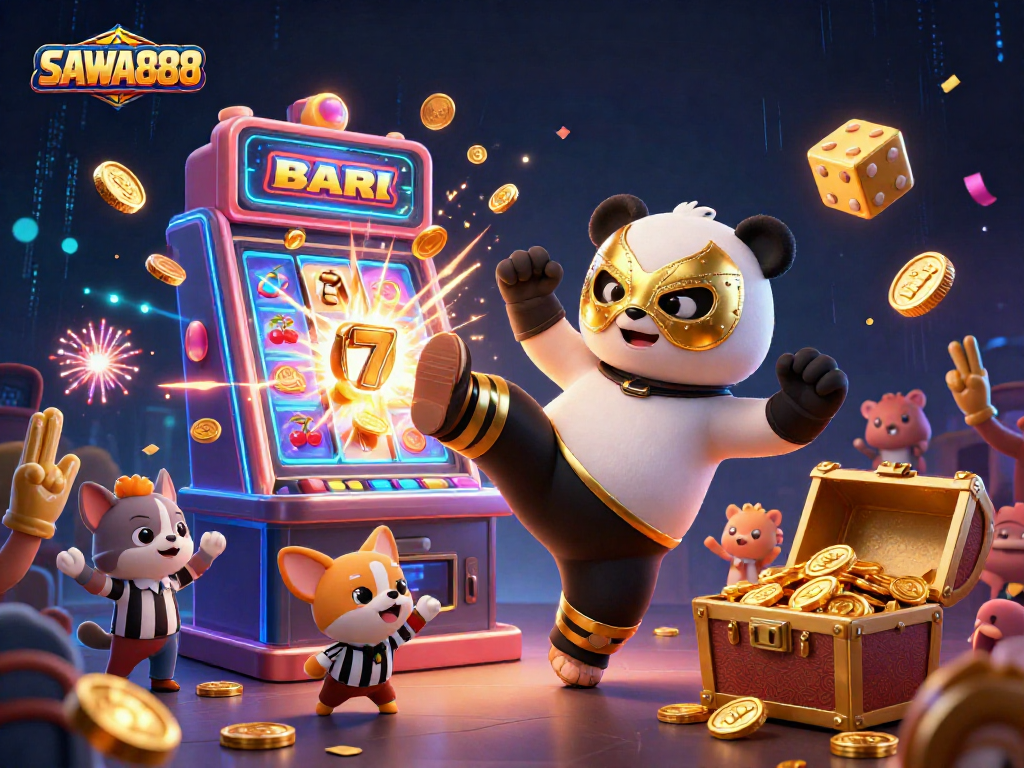 SAWA888 showcases a dynamic casino scene with animated characters, vibrant jackpots, and exciting game elements.
