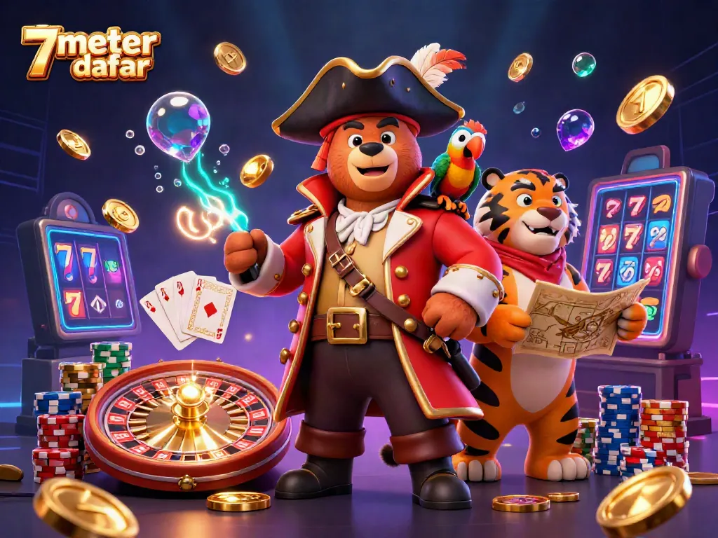 Experience exciting wins with 7meter daftar as golden coins and sparkling gems fly in a dynamic casino scene.